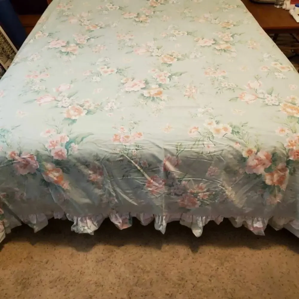 Vintage J.P. Stevens Full Flat Sheet 1970s Green Floral No Iron USA 78 x 100